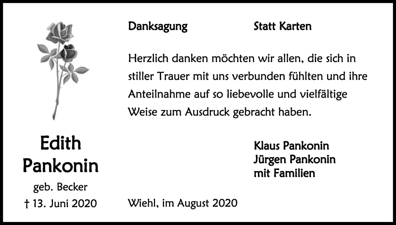  Traueranzeige für Edith Pankonin vom 22.08.2020 aus Kölner Stadt-Anzeiger / Kölnische Rundschau / Express