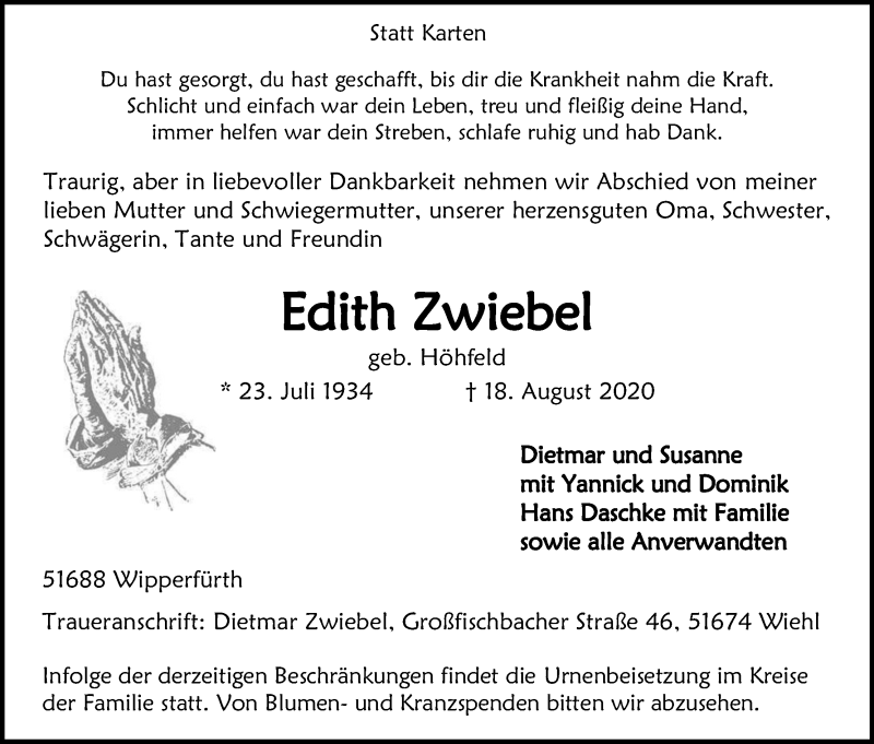  Traueranzeige für Edith Zwiebel vom 22.08.2020 aus Kölner Stadt-Anzeiger / Kölnische Rundschau / Express