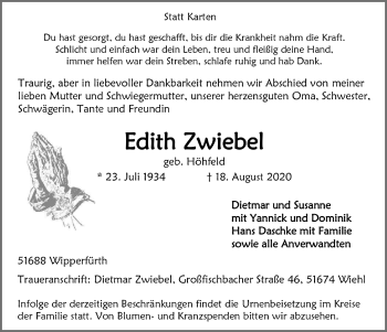 Anzeige von Edith Zwiebel von  Anzeigen Echo 