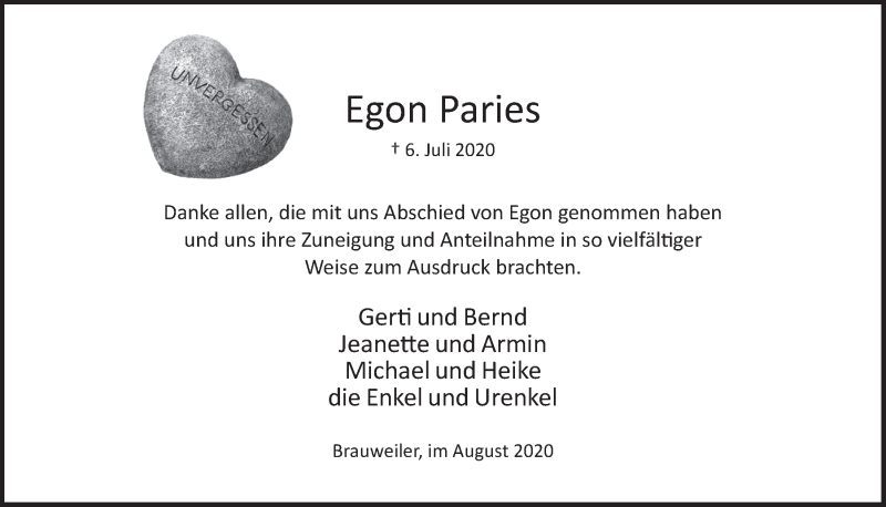  Traueranzeige für Egon Paries vom 14.08.2020 aus  Wochenende 