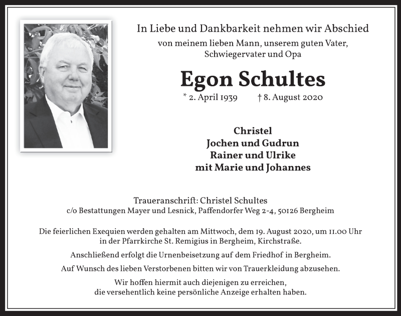  Traueranzeige für Egon Schultes vom 14.08.2020 aus  Werbepost 