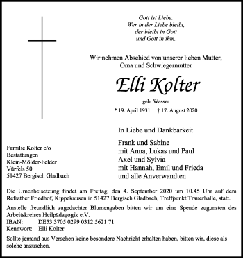 Anzeige von Elli Kolter von Kölner Stadt-Anzeiger / Kölnische Rundschau / Express