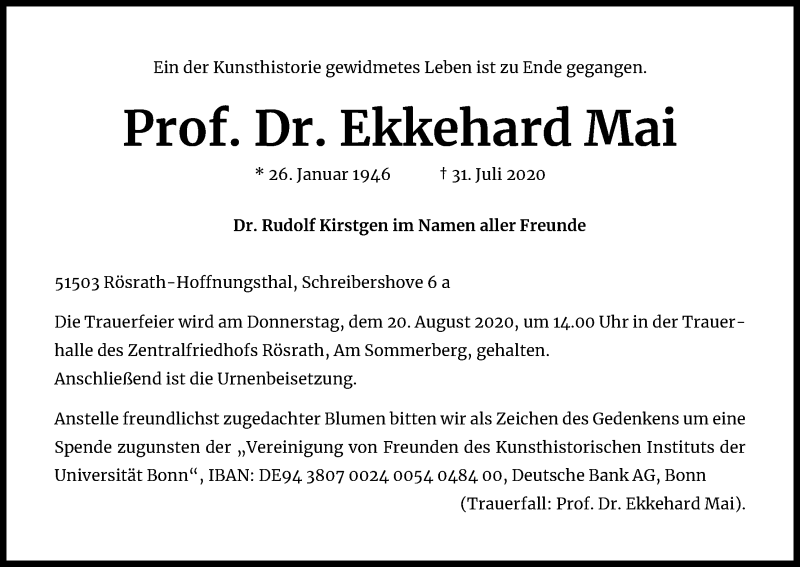  Traueranzeige für Ekkehard Mai vom 15.08.2020 aus Kölner Stadt-Anzeiger / Kölnische Rundschau / Express