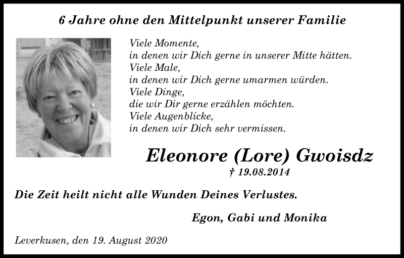  Traueranzeige für Eleonore Gwoisdz vom 19.08.2020 aus Kölner Stadt-Anzeiger / Kölnische Rundschau / Express