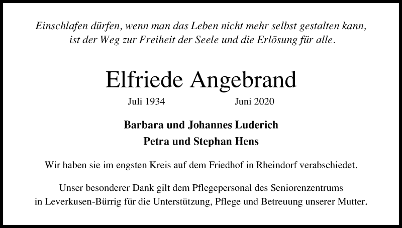  Traueranzeige für Elfriede Angebrand vom 01.08.2020 aus Kölner Stadt-Anzeiger / Kölnische Rundschau / Express