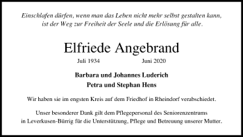 Anzeige von Elfriede Angebrand von Kölner Stadt-Anzeiger / Kölnische Rundschau / Express