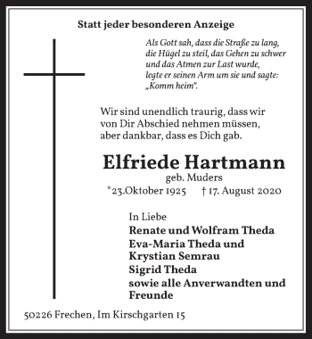 Anzeige von Elfriede Hartmann von  Wochenende 