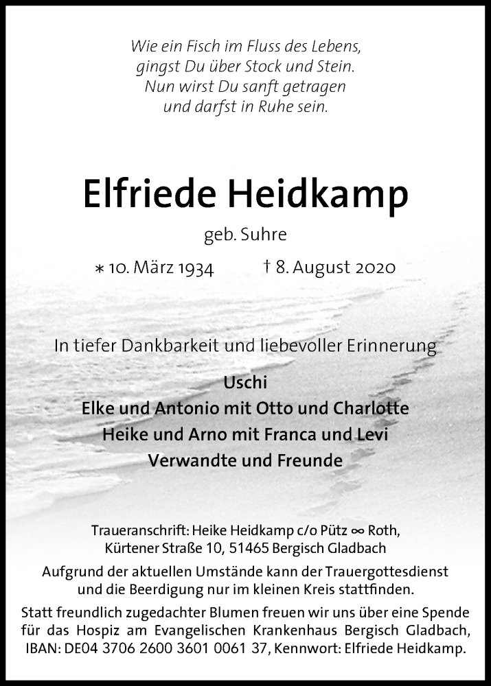  Traueranzeige für Elfriede Heidkamp vom 15.08.2020 aus Kölner Stadt-Anzeiger / Kölnische Rundschau / Express