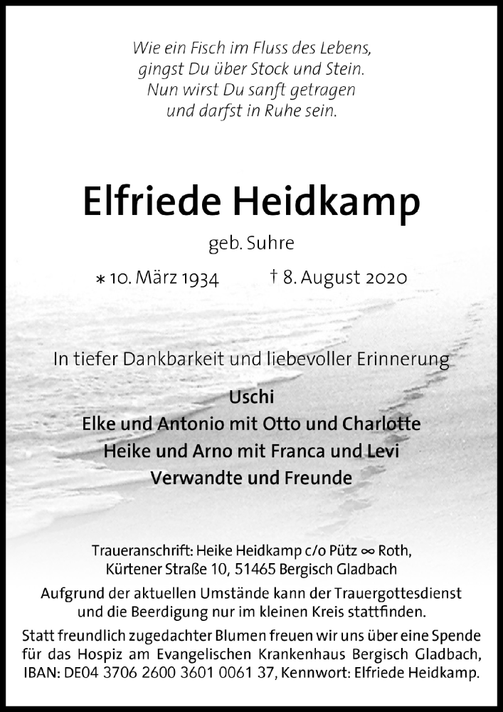  Traueranzeige für Elfriede Heidkamp vom 14.08.2020 aus  Bergisches Handelsblatt 
