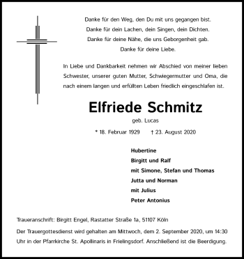 Anzeige von Elfriede Schmitz von Kölner Stadt-Anzeiger / Kölnische Rundschau / Express