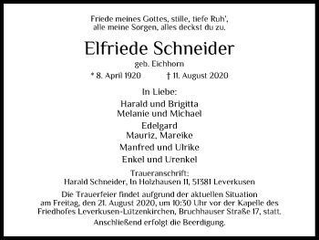 Anzeige von Elfriede Schneider von Kölner Stadt-Anzeiger / Kölnische Rundschau / Express