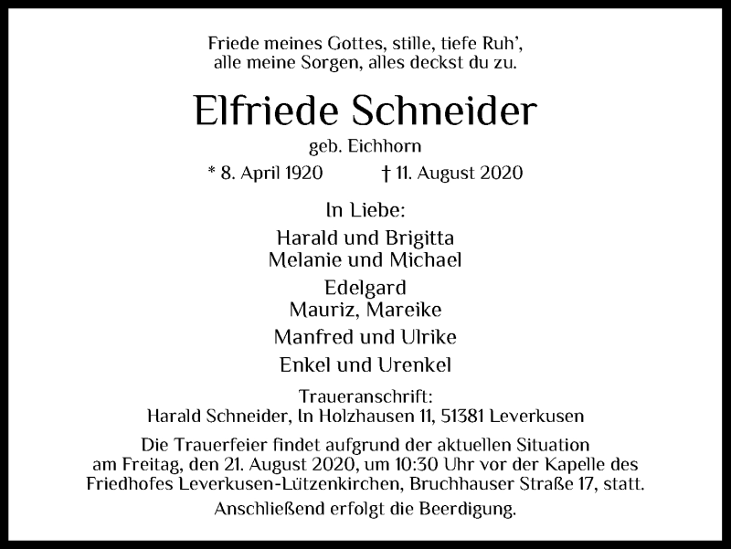  Traueranzeige für Elfriede Schneider vom 15.08.2020 aus Kölner Stadt-Anzeiger / Kölnische Rundschau / Express