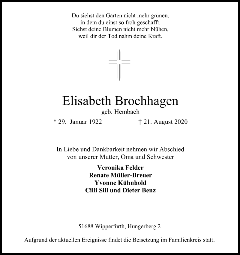  Traueranzeige für Elisabeth Brochhagen vom 25.08.2020 aus Kölner Stadt-Anzeiger / Kölnische Rundschau / Express