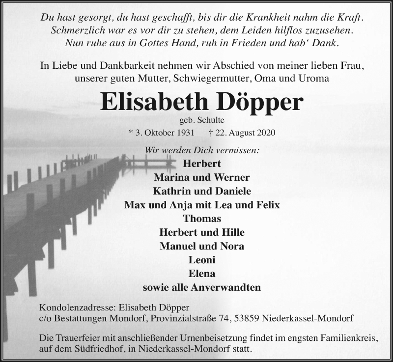  Traueranzeige für Elisabeth Döpper vom 29.08.2020 aus Kölner Stadt-Anzeiger / Kölnische Rundschau / Express