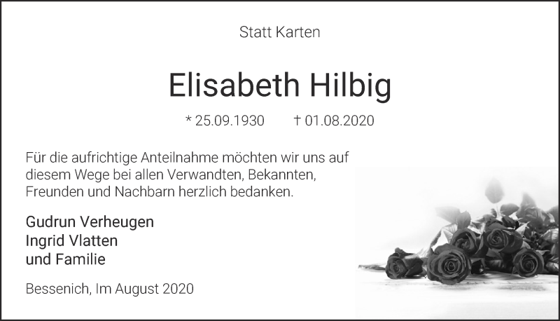  Traueranzeige für Elisabeth Hilbig vom 29.08.2020 aus  Blickpunkt Euskirchen 