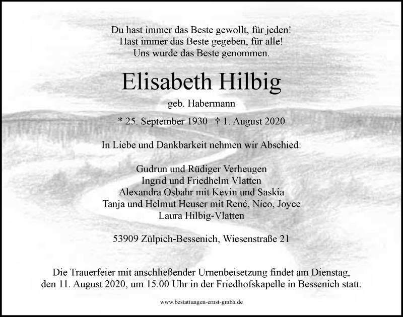 Traueranzeige für Elisabeth Hilbig vom 08.08.2020 aus  Blickpunkt Euskirchen 