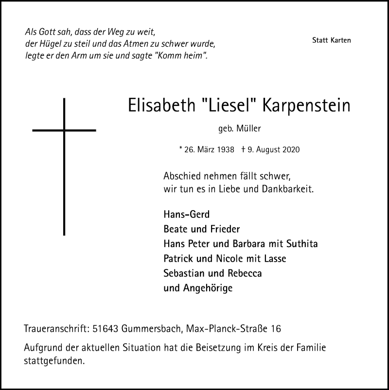  Traueranzeige für Elisabeth  Karpenstein vom 14.08.2020 aus  Anzeigen Echo 