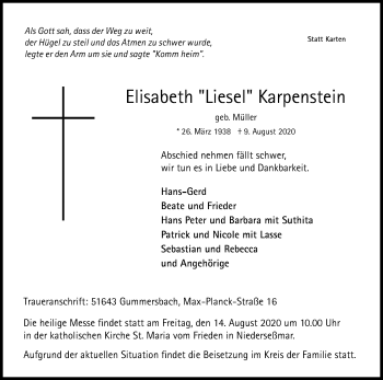 Anzeige von Elisabeth  Karpenstein von Kölner Stadt-Anzeiger / Kölnische Rundschau / Express