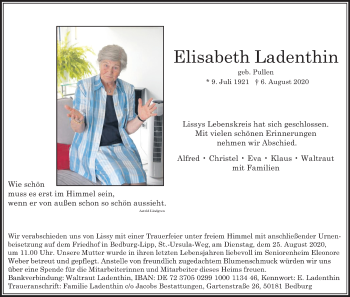 Anzeige von Elisabeth Ladenthin von Kölner Stadt-Anzeiger / Kölnische Rundschau / Express
