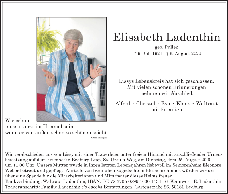  Traueranzeige für Elisabeth Ladenthin vom 15.08.2020 aus Kölner Stadt-Anzeiger / Kölnische Rundschau / Express