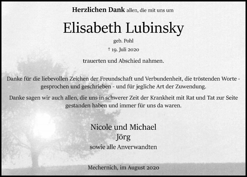  Traueranzeige für Elisabeth Lubinsky vom 29.08.2020 aus  Blickpunkt Euskirchen 