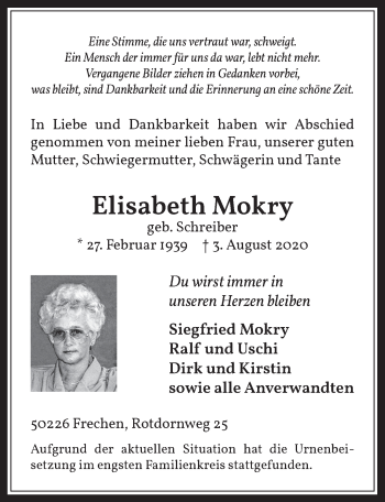Anzeige von Elisabeth Mokry von  Wochenende 