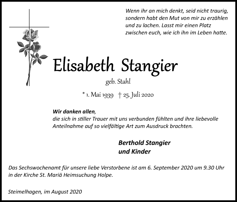  Traueranzeige für Elisabeth Stangier vom 29.08.2020 aus Kölner Stadt-Anzeiger / Kölnische Rundschau / Express