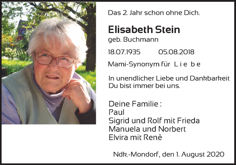  Traueranzeige für Elisabeth Stein vom 01.08.2020 aus Kölner Stadt-Anzeiger / Kölnische Rundschau / Express