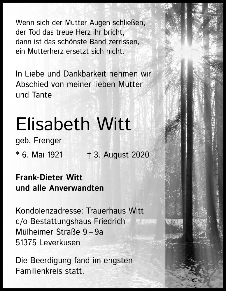  Traueranzeige für Elisabeth Witt vom 15.08.2020 aus Kölner Stadt-Anzeiger / Kölnische Rundschau / Express