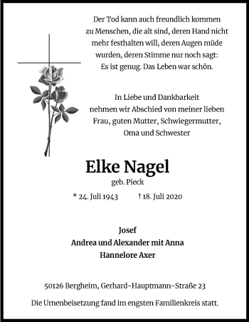 Anzeige von Elke Nagel von Kölner Stadt-Anzeiger / Kölnische Rundschau / Express