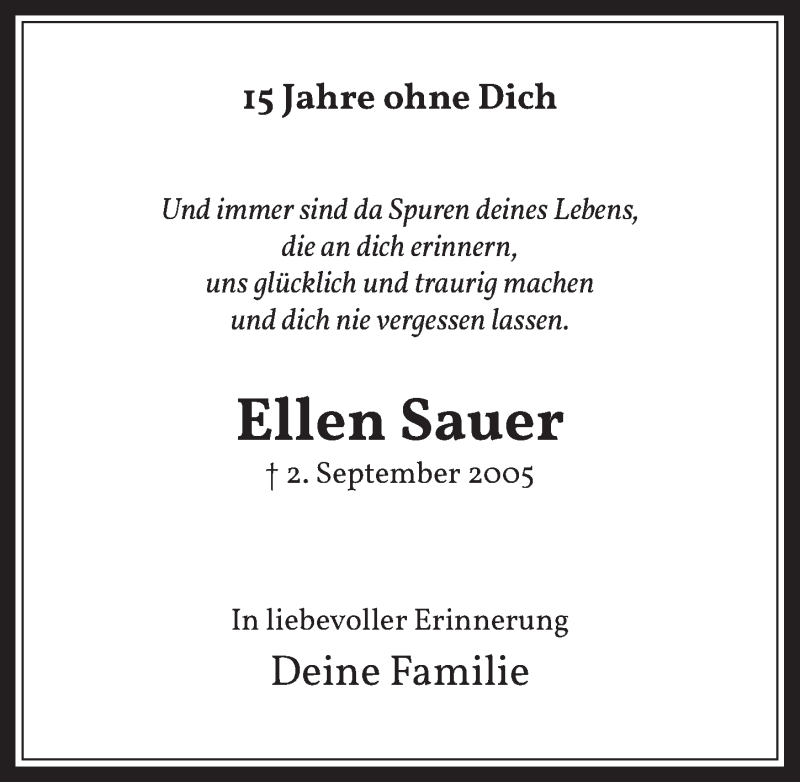  Traueranzeige für Ellen Sauer vom 28.08.2020 aus  Werbepost 