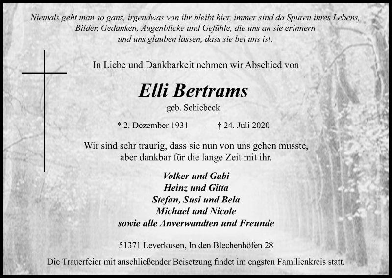  Traueranzeige für Elli Bertrams vom 01.08.2020 aus Kölner Stadt-Anzeiger / Kölnische Rundschau / Express