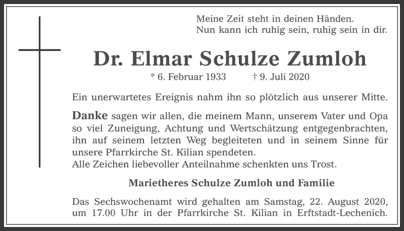  Traueranzeige für Elmar Schulze Zumloh vom 14.08.2020 aus  Werbepost 