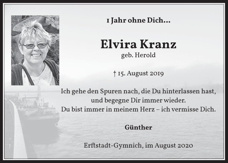  Traueranzeige für Elvira Kranz vom 14.08.2020 aus  Werbepost 