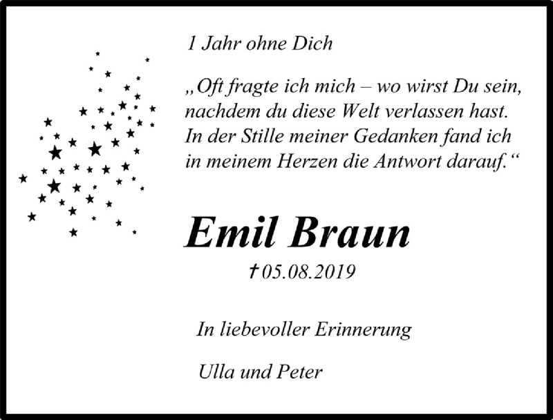  Traueranzeige für Emil Braun vom 07.08.2020 aus  Anzeigen Echo 