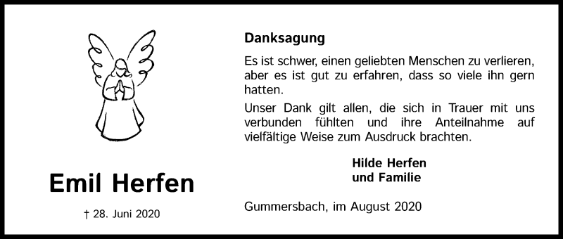  Traueranzeige für Emil Herfen vom 11.08.2020 aus Kölner Stadt-Anzeiger / Kölnische Rundschau / Express