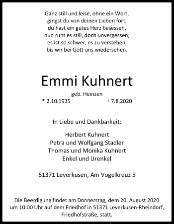 Anzeige von Emmi Kuhnert von Kölner Stadt-Anzeiger / Kölnische Rundschau / Express