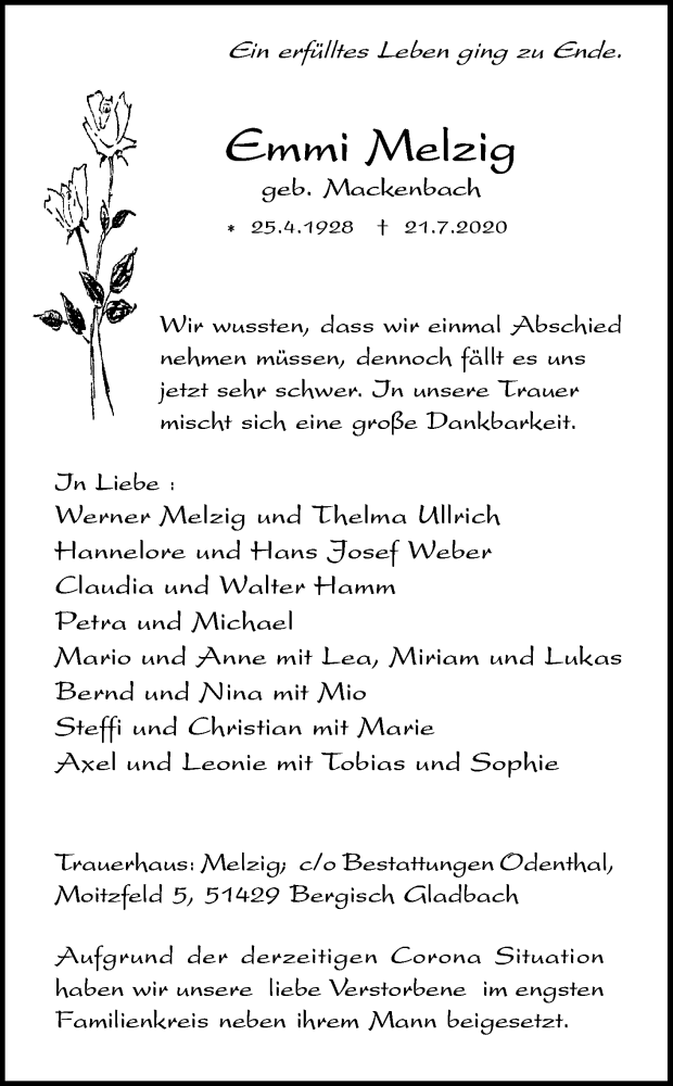  Traueranzeige für Emmi Melzig vom 01.08.2020 aus Kölner Stadt-Anzeiger / Kölnische Rundschau / Express