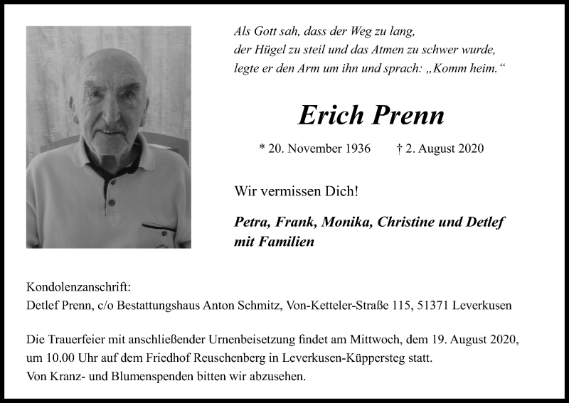  Traueranzeige für Erich Prenn vom 15.08.2020 aus Kölner Stadt-Anzeiger / Kölnische Rundschau / Express