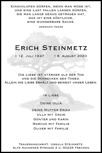 Anzeige von Erich Steinmetz von Kölner Stadt-Anzeiger / Kölnische Rundschau / Express
