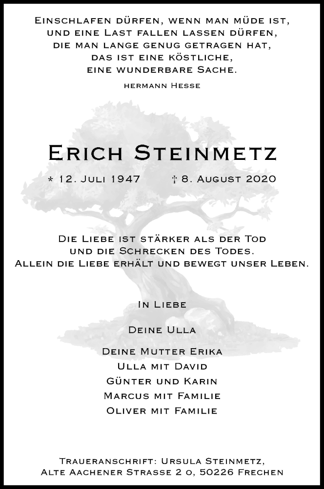  Traueranzeige für Erich Steinmetz vom 15.08.2020 aus Kölner Stadt-Anzeiger / Kölnische Rundschau / Express