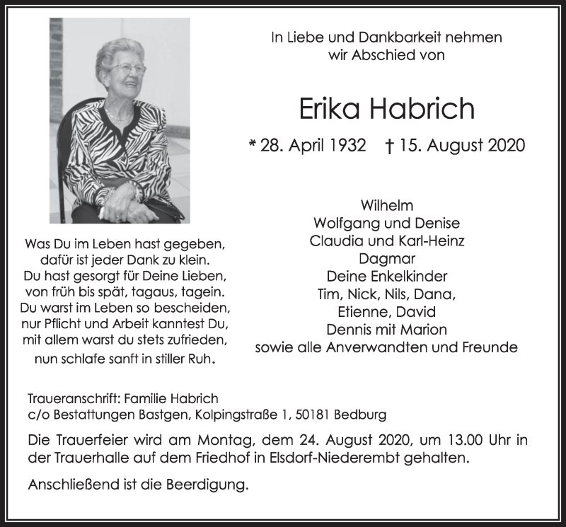  Traueranzeige für Erika Habrich vom 21.08.2020 aus  Werbepost 