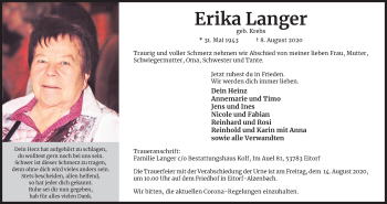 Anzeige von Erika Lang von Kölner Stadt-Anzeiger / Kölnische Rundschau / Express