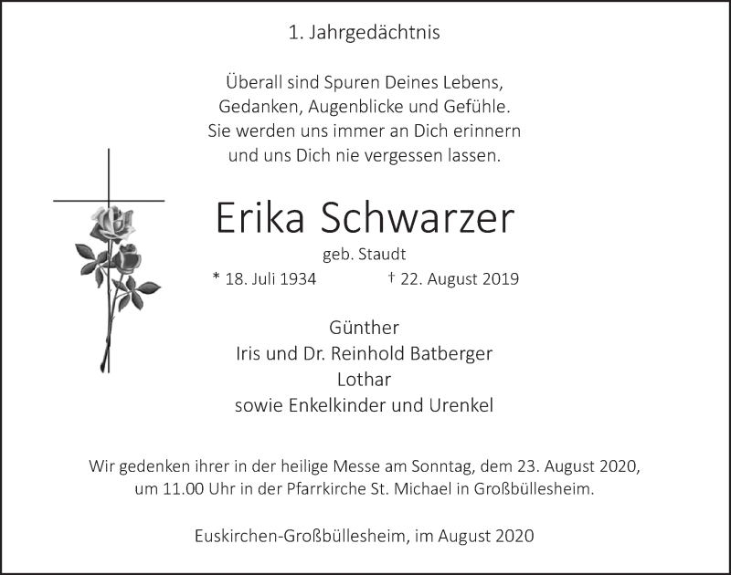  Traueranzeige für Erika Schwarzer vom 15.08.2020 aus  Blickpunkt Euskirchen 