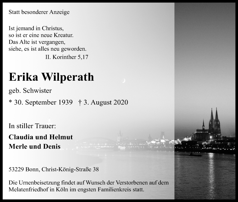  Traueranzeige für Erika Wilperath vom 08.08.2020 aus Kölner Stadt-Anzeiger / Kölnische Rundschau / Express