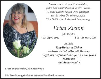 Anzeige von Erika Ziehm von Kölner Stadt-Anzeiger / Kölnische Rundschau / Express
