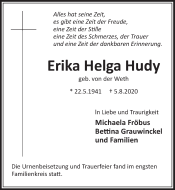Anzeige von Erika Helga Hudy von  Schlossbote/Werbekurier 
