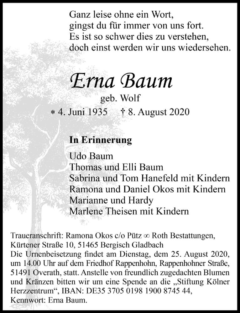  Traueranzeige für Erna Baum vom 21.08.2020 aus  Bergisches Handelsblatt 