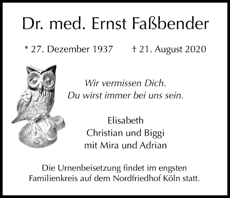 Traueranzeige für Ernst Faßbender vom 29.08.2020 aus Kölner Stadt-Anzeiger / Kölnische Rundschau / Express