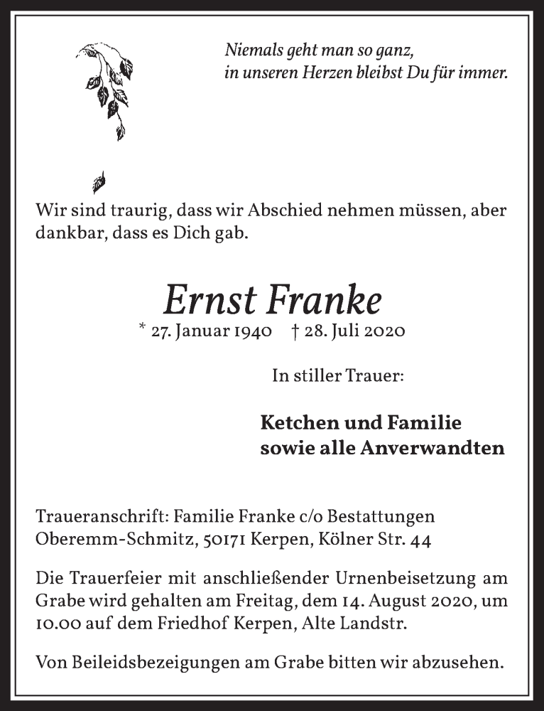  Traueranzeige für Ernst Franke vom 07.08.2020 aus  Werbepost 